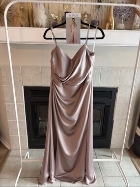 Mori Lee Satin Cowl Neck Prom Dress — Rose Taupe